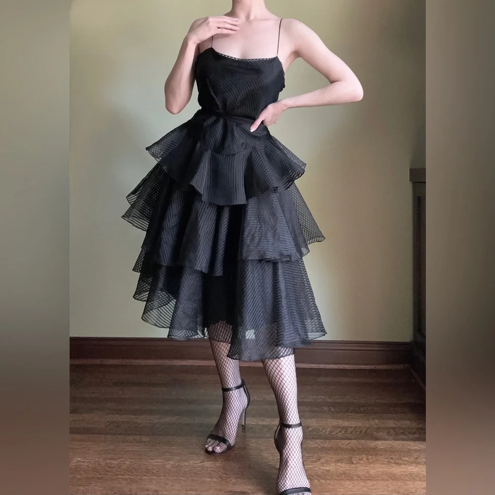 Wednesday Dress, Tiered Ruffled Formal Gown, Tea Length, Goth Prom Dress - Picture 3 of 14